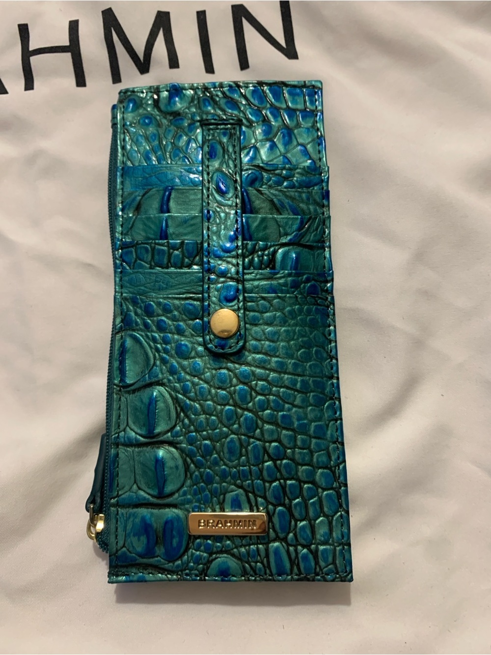 New Brahmin Slim Peacock Leather Credit Card Wallet Case with Zipper - Picture 2 of 3